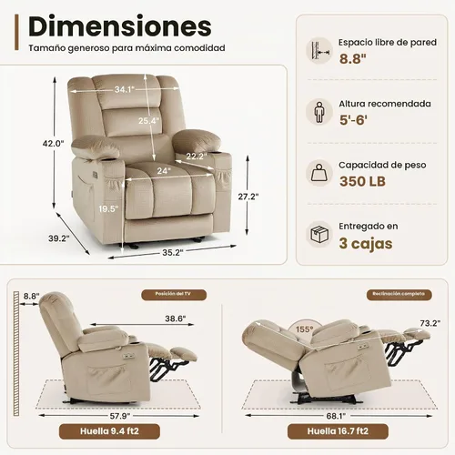Vista 3 de MCombo Silla reclinable con calor y masaje para sala PR670 (beige)