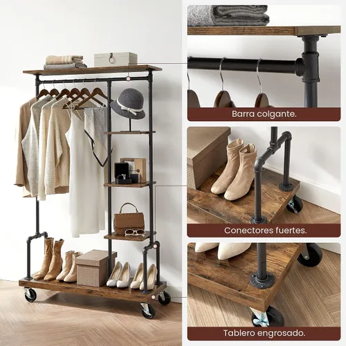 Vista 4 de VASAGLE UHSR66BX - Perchero para ropa con ruedas, organizador de ropa portátil con 5 niveles, estilo de tubería industrial, marrón rústico