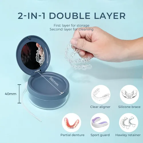 Vista 3 de Estuche de dentadura postiza, estuche limpiador de retenedores 2 en 1 con espejo y colador, vaso de baño portátil para viajes, bonita caja