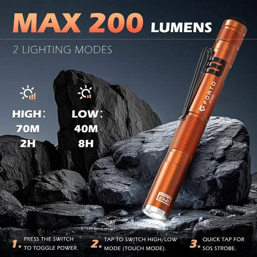 Vista 3 de FORTO Luz LED para bolígrafo, linterna de bolsillo de 200 lúmenes, IP67 impermeable, 2 modos, paquete de 2 con pilas AAA, ligera y duradera