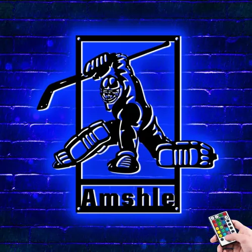 Vista 11 de Letrero de metal personalizado para jugador de hockey con luz LED, nombre personalizado y número, arte de pared de hockey, letrero de neón