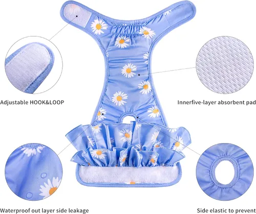 Vista 5 de Pañales lavables para perras, falda duradera para vestido de perro, pañales reutilizables para mascotas y cachorros, bragas de calor para perras
