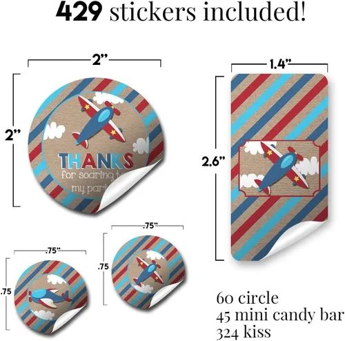 Vista 3 de Kit de calcomanías para fiesta de cumpleaños de avión Up & Away, 429 piezas. Incluye 60 2 calcomanías circulares para recuerdos y bolsas de regalos