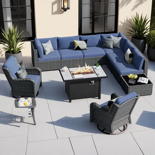 Vista 11 de HOOOWOOO Juego de sofá modular para patio al aire libre, 7 piezas en forma de U, juego de sofá de mimbre rústico para 6 personas, juego de Beige