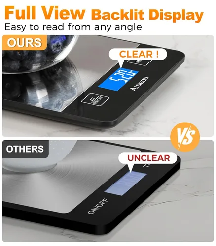 Vista 5 de Atogou Báscula de alimentos – Báscula digital de cocina de 33 libras, pantalla recargable y de visión completa, resistente al agua, carga de Negro