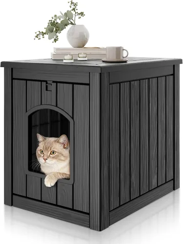 Vista 8 de Casa para gatos al aire libre resistente a la intemperie, casa de plástico para gatos exterior impermeable con puerta frontal abierta, refugio