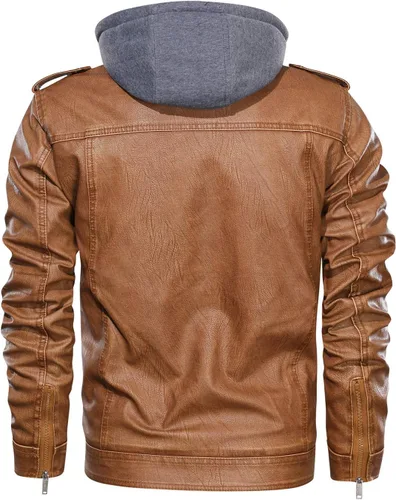 Vista 4 de HOOD CREW Chaqueta de motocicleta para hombre, con cuello alto, de piel sintética cálida, con cremallera y capucha extraíble, café, café.