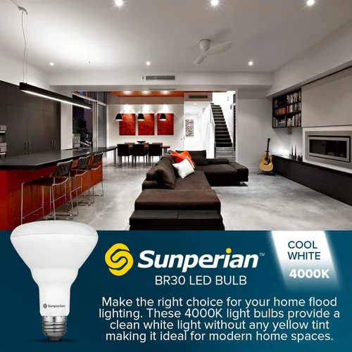 Vista 2 de SUNPERIAN Bombilla LED BR30, 8.5 W = 65 W, 4000 K blanco frío, 800 lúmenes, bombillas de inundación regulables para latas empotradas, clasificación