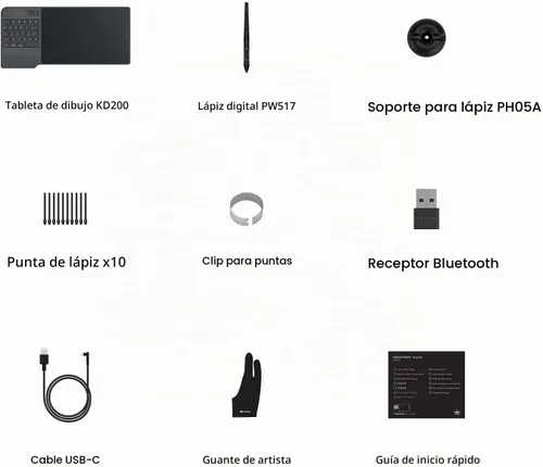 Vista 9 de Tableta de dibujo inalámbrica HUION Inspiroy Keydial KD200 Art Tablet, 8,9 Tableta gráfica Bluetooth con dial y teclado, 5 teclas personalizadas