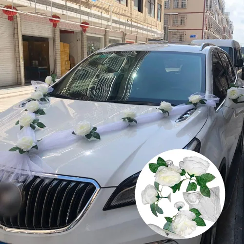 Vista 3 de ikasus Flores de automóvil de boda, flores artificiales, decoración de automóvil, lazos de cinta, accesorios de fotos florales para boda, automóvil