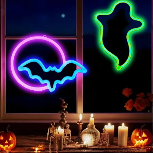 Vista 15 de Letreros de neón de murciélago para dormitorio, mesita de noche, decoración de pared, decoración de Halloween, luces LED de noche, adornos de mesa