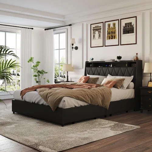 Vista 7 de Base de cama Queen con cabecera ergonómica, base de cama de plataforma tamaño Queen con tomas de corriente y cargador, marco de cama de metal