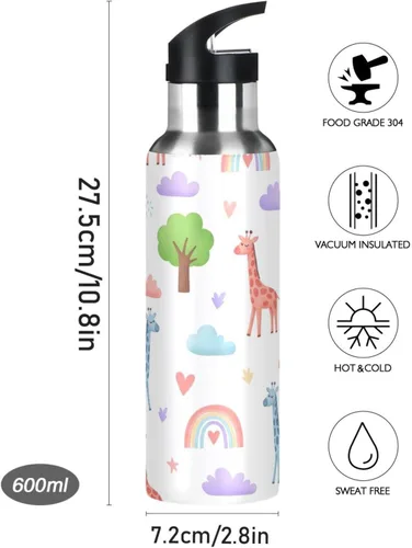 Vista 9 de BPA-Free Sports Water Bottle with Straw 32 Oz, Insulated Water Bottle for Gym Outdoor Travel School, Cute Giraffes