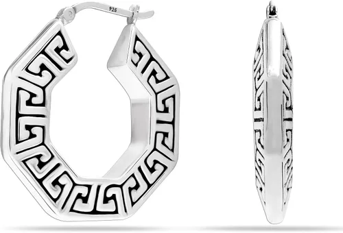 Vista 9 de LeCalla Aretes de aro de plata de ley 925 con llave griega, ligeros, con parte superior de clic, patrón de corte de pared griega para mujer Pared