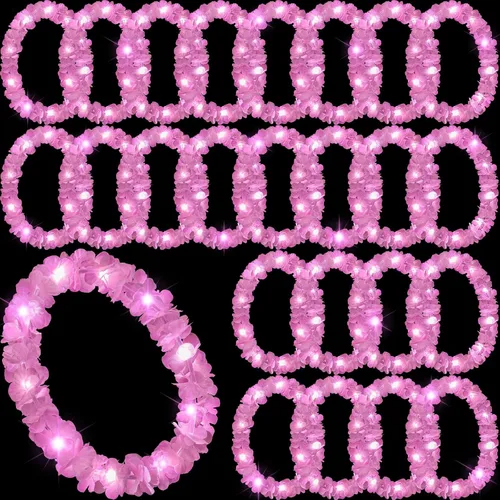 Vista 28 de Sherr 24 piezas de collares de flores hawaianas con luces LED para boda, luces LED para luau, collares de flores hawaianas para playa, carnaval