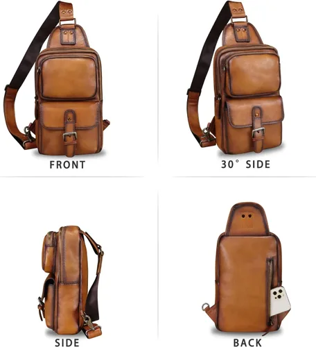 Vista 5 de LRTO Bolso bandolera de cuero genuino para motocicleta, hecho a mano, para senderismo, mochila de hombro retro, Marrón, Mochilas Sling