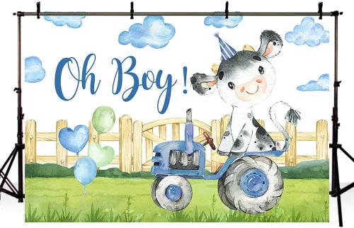 Vista 4 de Sendy Telón de fondo de baby shower de vaca sagrada de 7 x 5 pies para niño Oh Baby Farm temática de decoración de fiesta, suministros de hierba