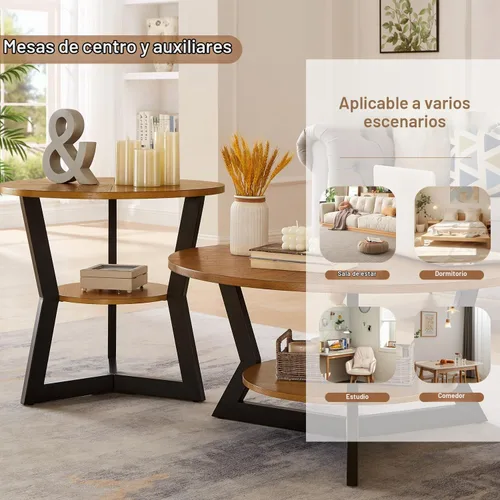 Vista 7 de Mesa auxiliar, mesa auxiliar redonda de madera para sala de estar con mesa de 2 niveles con estante de almacenamiento, diseño de soporte triangular