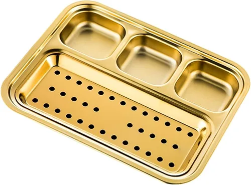 Vista 4 de Paquete de 2 bandejas rectangulares divididas de acero inoxidable, 4 secciones, platos dorados para servir platos llanos para adultos, campistas