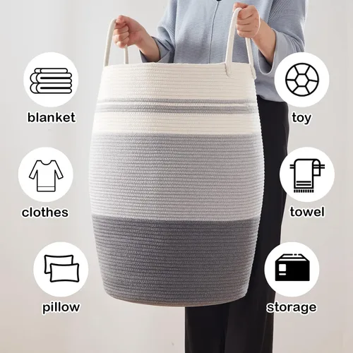 Vista 6 de OIAHOMY Cesta de lavandería tejida de cuerda, tamaño grande, con asas extendidas para ropa y juguetes, cesta alta de 25.6 pulgadas, plegable