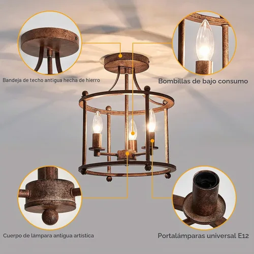 Vista 4 de UOFUS - Lámpara de techo de 3 luces estilo granja vintage, semiempotrada, en bronce rústico metálico, para isla, sala de estar, dormitorio, cocina
