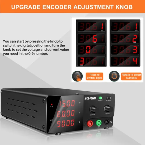 Vista 4 de NICE-POWER Fuente de alimentación de CC variable, fuente de alimentación de banco de alta potencia de 15V 60A 900W con perilla de codificador