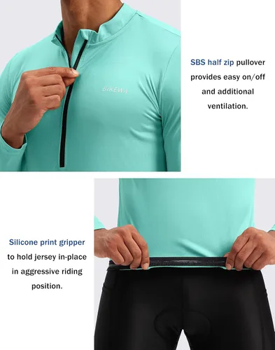 Vista 4 de Bikewa Maillot de ciclismo para hombre con 3+1 bolsillos traseros con cremallera, manga larga, absorción de humedad, UPF 50+ media cremallera
