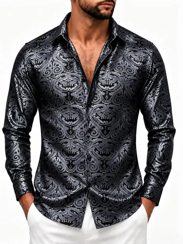 Vista 36 de DiBanGu Camisa de vestir de paisley de seda para hombre, formal, de manga larga, con cuello abotonado, camisas informales para fiesta de boda Negro