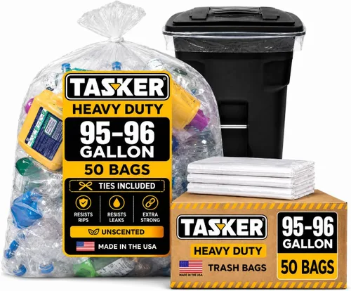 Vista 9 de Tasker Bolsas de basura transparentes de 95 a 100 galones resistentes 25 bolsas Bolsas de basura extragrandes de 96 galones para latas de basura