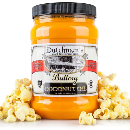 Vista 9 de Aceite de coco con sabor a palomitas de maíz de Dutchman’s, sabor a mantequilla, coloreado con beta caroteno natural, el secreto para hacer