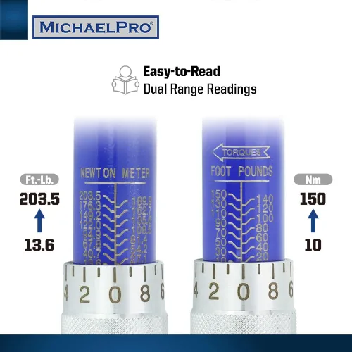 Vista 2 de MichaelPro Llave dinamométrica de clic de 1/2 pulgada, 10-150 ft-lb, doble dirección, ± 4% de precisión, cabezal de trinquete reversible, llave