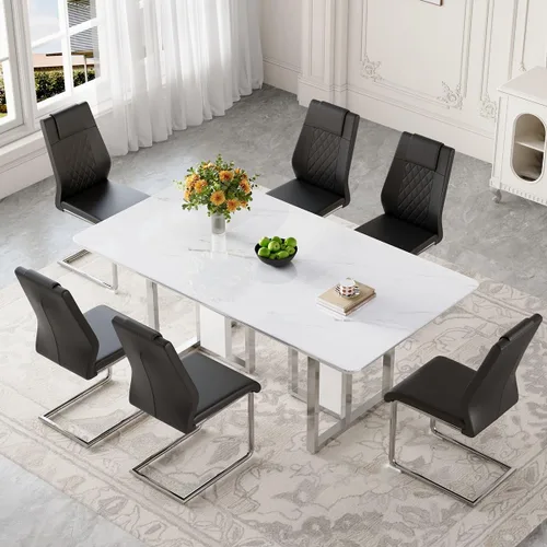Vista 2 de Juego de mesa de comedor de mármol blanco de 63" para 6 Sillas negras 1
