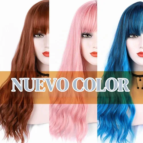 Vista 3 de Peluca azul con flequillo, peluca larga ondulada azul con flequillo de aire, pelucas sintéticas para mujer, pelucas rizadas para uso diario
