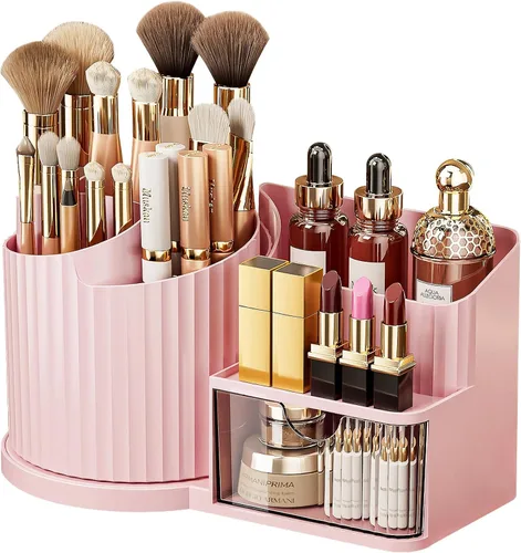 Vista 10 de Anyoifax Organizador giratorio de 360 brochas de maquillaje con 5 ranuras para brochas de maquillaje, taza en forma de flor, soporte para bolígrafo