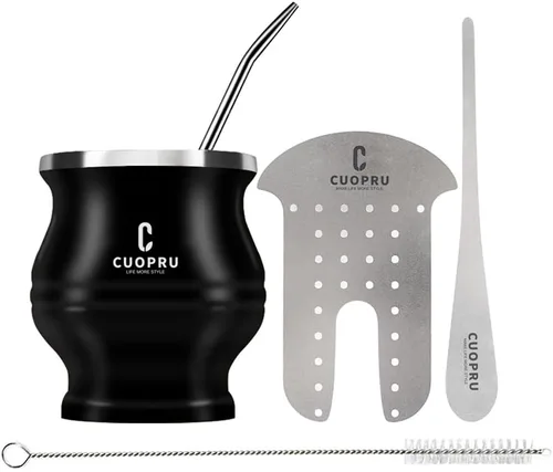 Vista 9 de Cuopru Juego y taza de yerba mate de acero inoxidable, 6.7 onzas, verde militar, diseño moderno