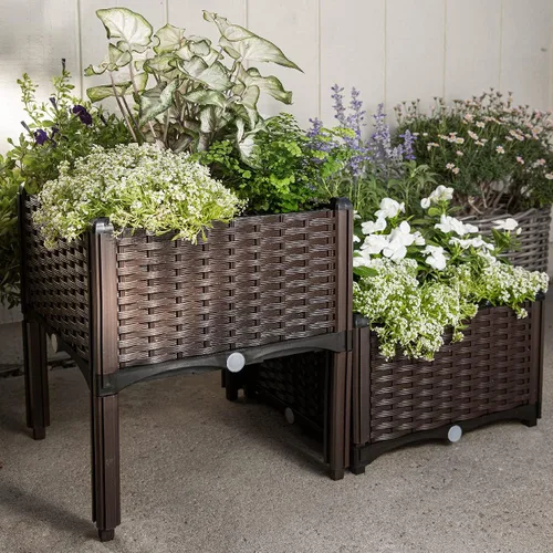 Vista 2 de Barton Cama de jardín elevada de plástico marrón con diseño de riego automático para exteriores, kit de jardinera elevada con ruedas móviles