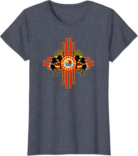 Vista 80 de Native American Kokopelli Kachina Zia Symbol 2 - Camiseta divertida para fanáticos, Negro