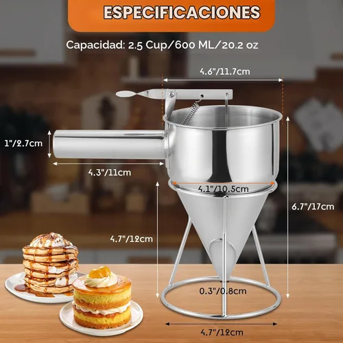 Vista 2 de Dispensador de masa de panqueques de acero inoxidable de 20.3 fl oz/20 onzas, dispensador de embudo de pistón con soporte mango desmontable