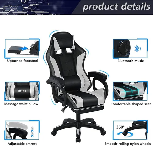 Vista 3 de Silla ergonómica para juegos profesional con soporte lumbar de masaje completo, altavoces Bluetooth, respaldo ajustable, color blanco