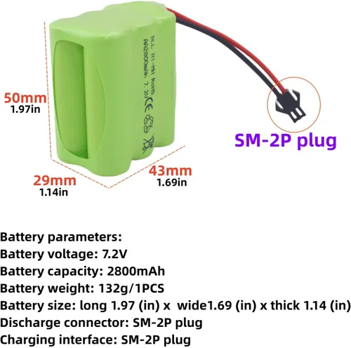 Vista 2 de Paquete de 2 baterías AA de 7.2 V 2800 mAh RC con enchufe SM-2P con cable de carga USB para tanques de juguete, departamento de ingeniería de cama