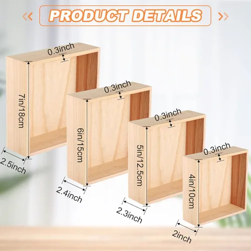 Vista 3 de Yookeer 16 cajas de madera sin terminar, 4 tamaños, caja de madera rústica para manualidades, cajas de madera, centro de mesa de almacenamiento