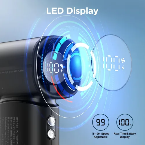 Vista 5 de Ventilador turbo portátil de mano, 5 velocidades, viento fuerte, mini ventilador personal con pantalla LED, enfriamiento máximo de 19 horas, Negro
