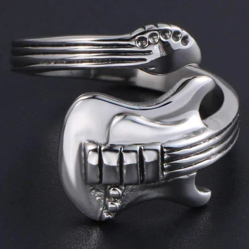 Vista 4 de Jude Jewelers Anillo de acero inoxidable estilo guitarra de música concierto cóctel fiesta noche escuela graduación Metal Zirconia cúbica