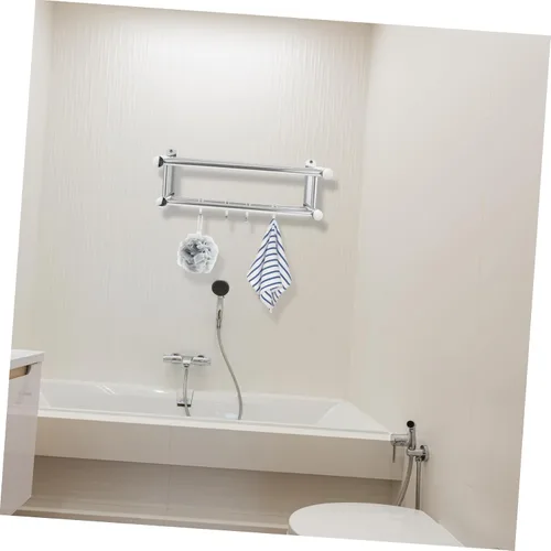 Vista 5 de OSALADI Toallero de baño con,Toallero de baño doble con estante, Toallero doble montado en la pared con estante Estante de baño de hotel de acero