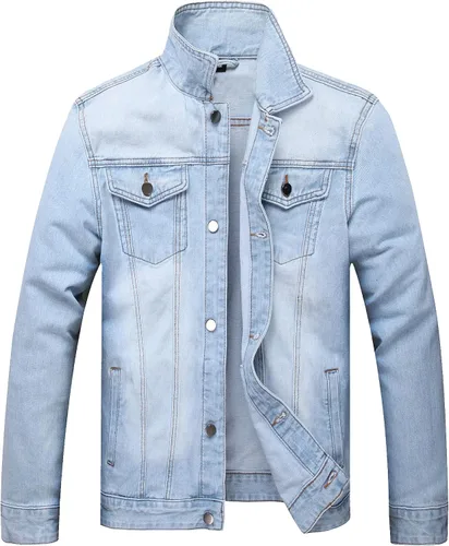 Vista 15 de LAMKUKU Chaqueta de mezclilla para hombre rasgada ajustada, abrigo de chaqueta vaquera para hombres