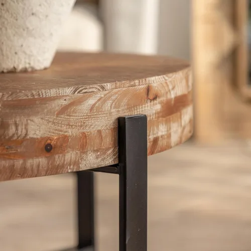Vista 6 de Knocbel Mesa de centro redonda moderna de diseño simple con parte superior de mesa empalmada de grano de madera y base de patas cruzadas de metal