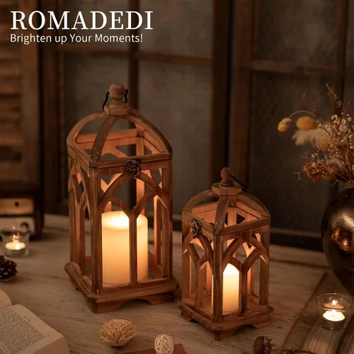Vista 3 de Romadedi Farol de vela de madera de granja, juego de 2 candelabros decorativos de madera rústica, decoración del hogar, mesa de boda, centro