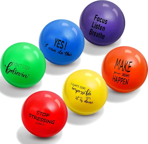 Vista 8 de Skylety 6 bolas motivacionales para el estrés de 2.5 pulgadas para adultos, bolas de espuma colorida para ejercicio de mano con citas inspiradoras