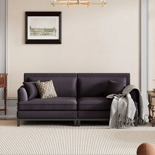 Vista 19 de Quarte Sofá modular moderno de 4 plazas con bolsillos para reposabrazos y 4 almohadas, sofá minimalista de tela de lino para sala de estar Gris