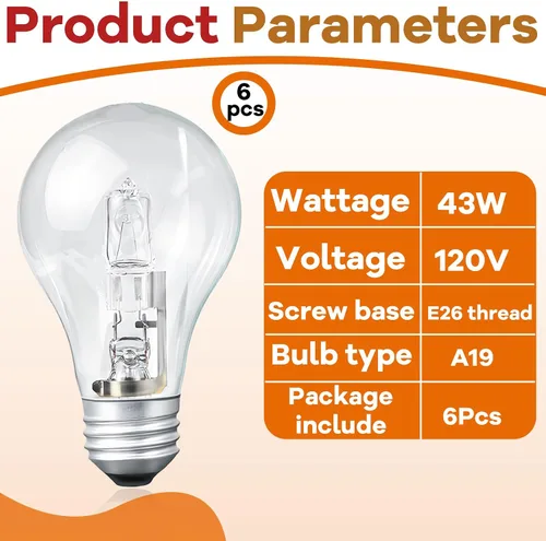 Vista 3 de Paquete de 6 bombillas halógenas 043168787963 – 43 W 120 V A19 E26 base, repuesto para bombillas 78796